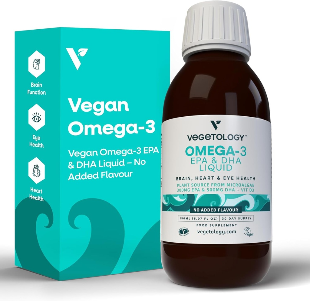 Vegansk Omega 3 Væske, fra Mikroalger, 800mg af EPA DHA, med vitamin D3, Understøtter hjerte, hjerne og øje sundhed, Natural Fish Oil Alternative, UK Made, Uaromatiseret