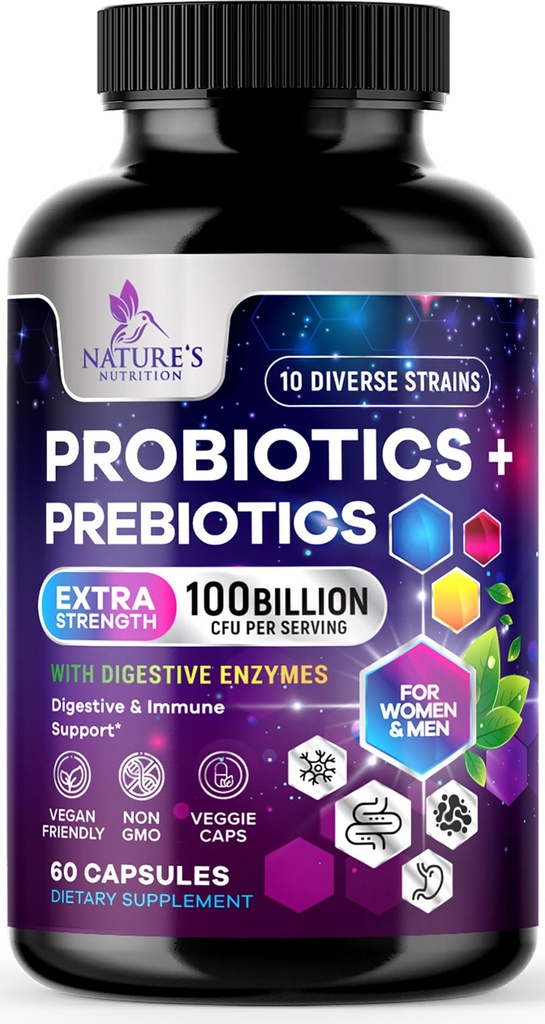 Probiotika til kvinder og mænd 60 Billion CFU - 10 Strops med Lactobacillus, fordøjelig Gut Health Probiotika & immunforsvar supplement, understøtter lejlighedsvis obstipation, Gas & Bloating - 60 Kapsler