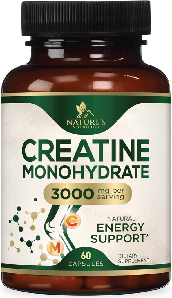 Creatin monohydrat kapsler 3000mg - Bedste Mikroniseret Creatin pulver - Understøtter Lean Muscle, Styrke, Energi, & Endurance - Naturens supplement, Non- GMO, Gluten Gratis for kvinder & mænd - 60 Kapsler