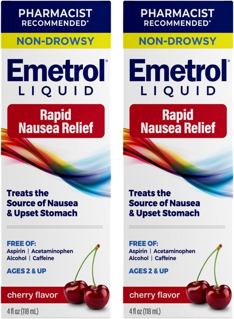 Emetrol Non-Drowsy Liquid Nausea Relief - Upset Stomach Medicine - Pharmacist Recommended Nausea Relief - Cherry Flavor - 4fl oz, 2 Pack