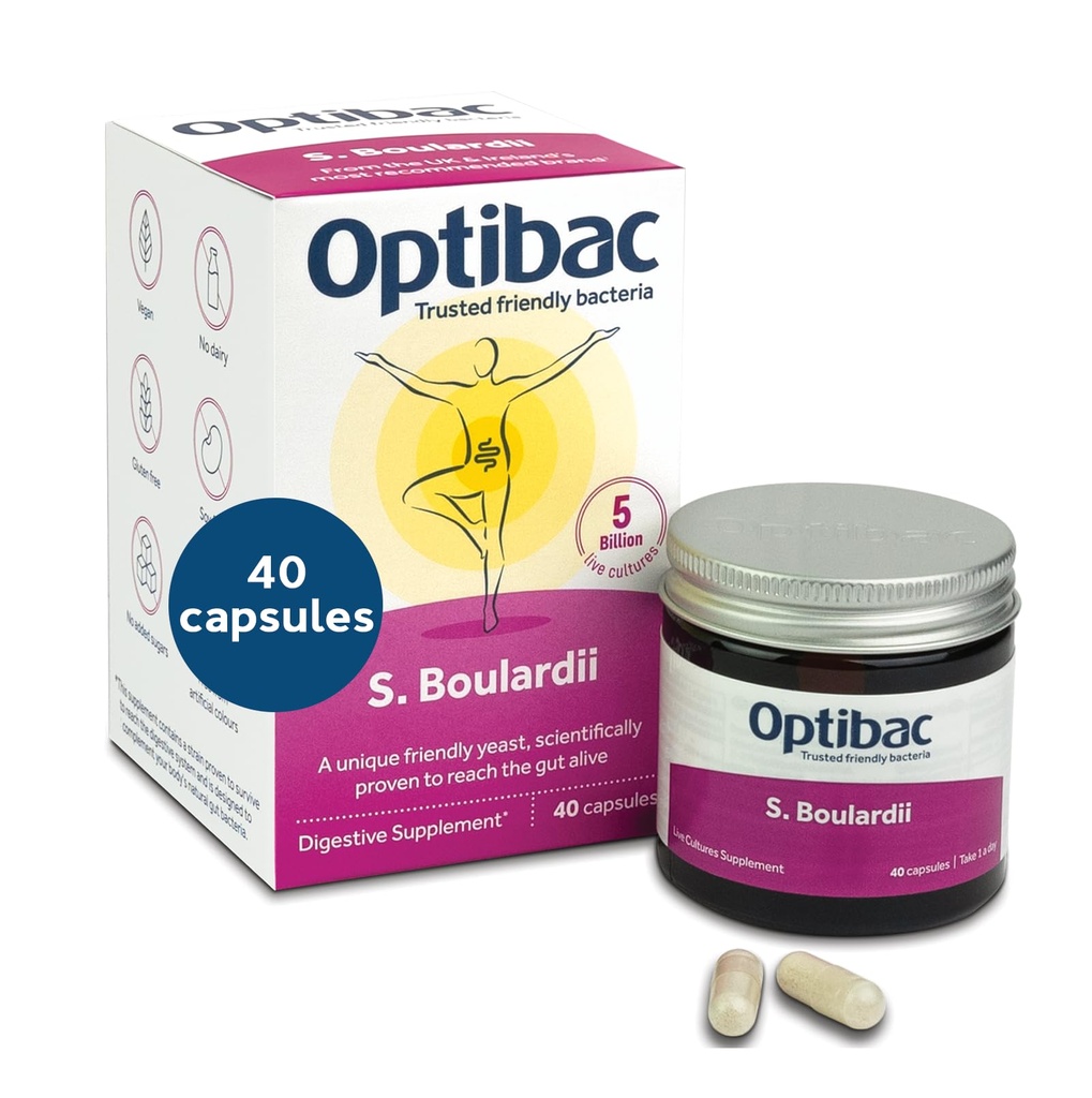 Optibac Probiotika Saccharomyces Boulardii - Vegansk Scientific Proven Digitalt Probiotisk tillæg, 5 Millioner CFU - 40 kapsler