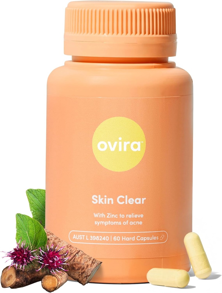 Ovira Skin Clear med ZINCBRITY - 60 kapsler til Clear & Glowing Skin Budding 124; Rosacea & Hormonal Acne Behandling med C-vitamin 124; Support Collagen Production Budding 124; Acne Kosttilskud til kvinder & Mænd - pakke med 1