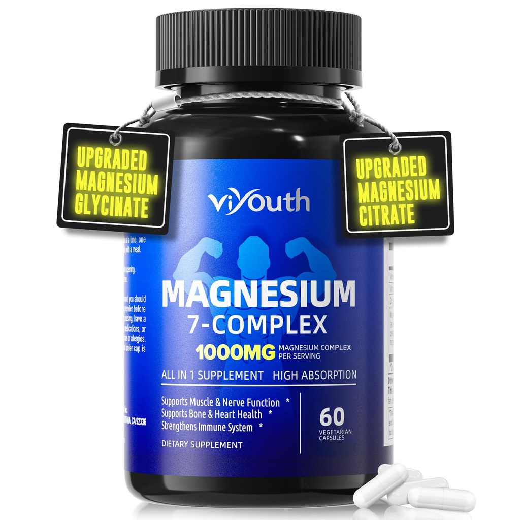 Magnesium 7 Kompleks tillæg Avanceret med Glycinat Citrat Malatchelat Taurat Orotere Aspartat, Kapsler med zink, D3- vitamin & B6 til søvn, Muskellindring, 60 Kapsler