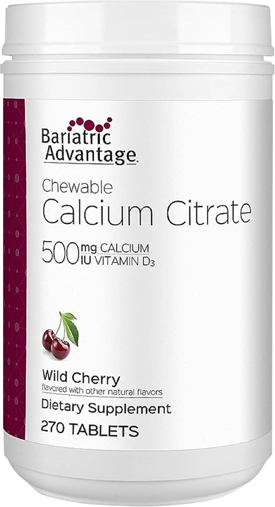 Bariatric Advantage Calcium Citrate Chewable 500mg med vitamin D3 til Bariatric Kirurgi Patienter herunder Gastric bypass og Ærme Gastrectomy, Low Sugar - Wild Cherry Flavor, 270 Tæl