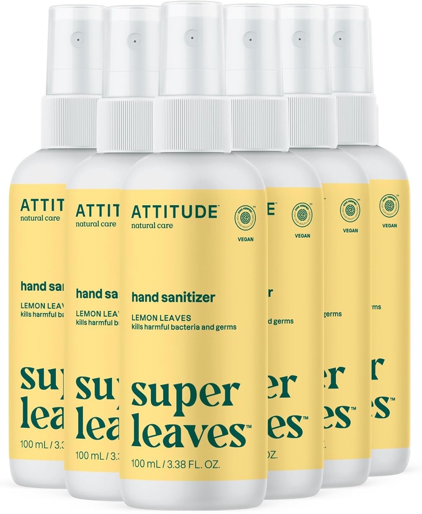 ATTITIDE Hand Sanitizer Spray for voksne og børn, EWG Verified, Kills Bacteria and Germs, Vegan, Lemon Leaves, 3.38 Fl Oz (Spray Flaske) (Pack of 6)
