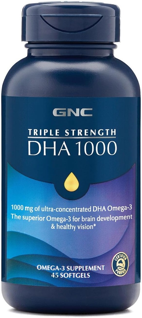 GNC Triple Strength DHA 1000 Omega 3 Supplement, 1000mg DHA, Understøtter Brain Development and Sund Vision, 45 Softgels