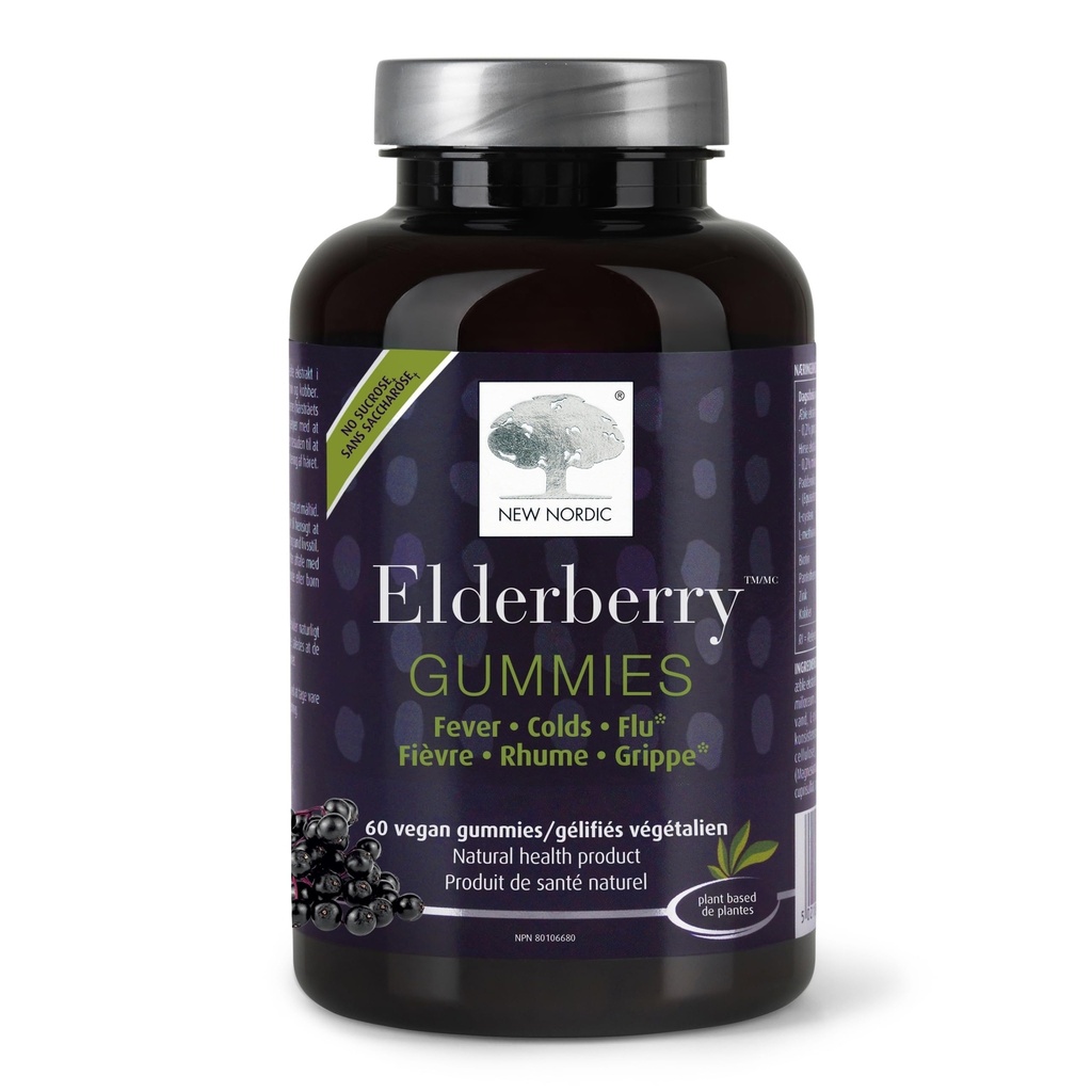 NY NORDIC Elderberry Vegan Gummies, Sugar Free Chewable immunsupport med C-vitamin til voksne og børn 4 +, ingen kunstige farver eller flavors, 60 greve (pakke med 1)