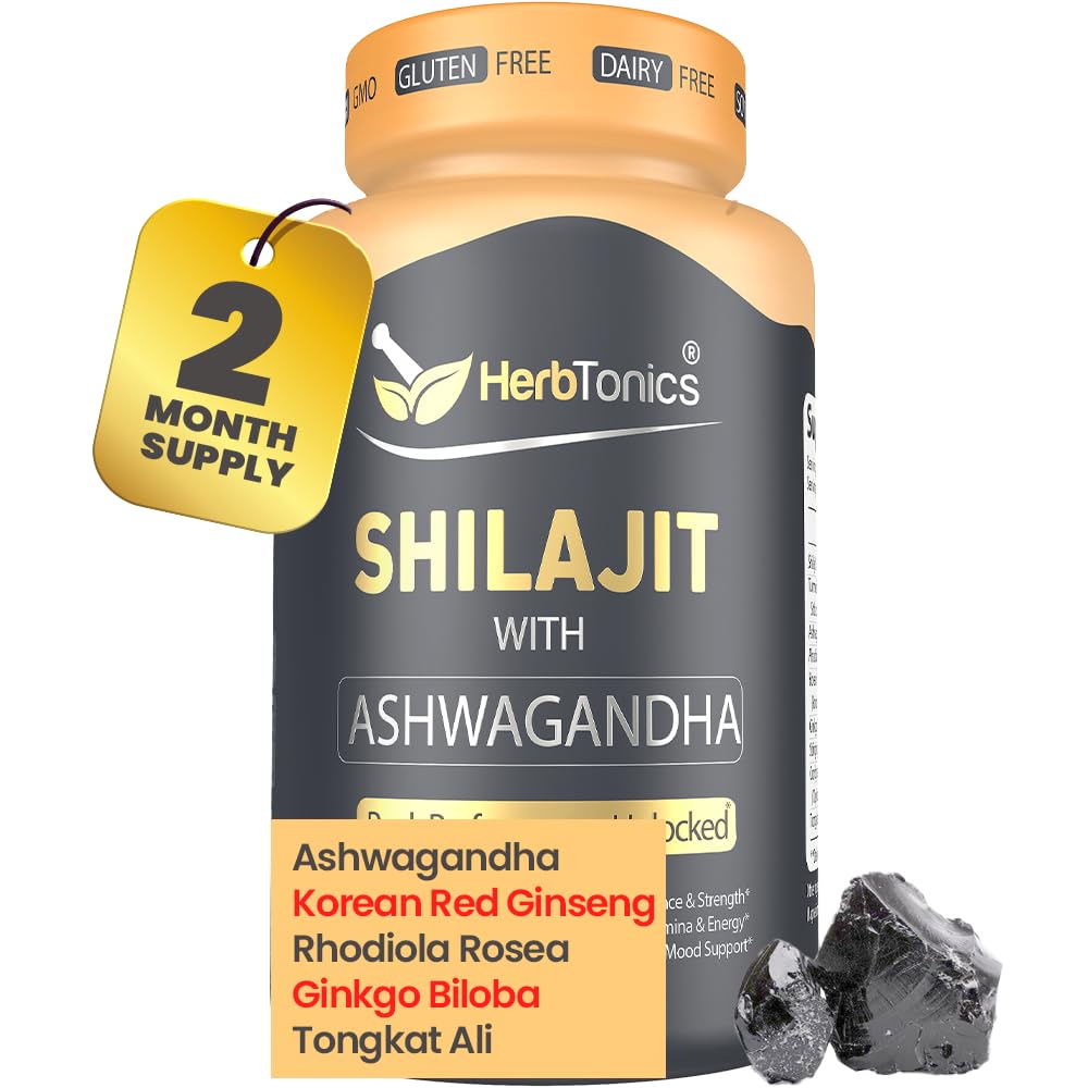 Herbtonics Shilajit for Mænd & Kvinder med Ashwagandha, Koreansk Rød Ginseng, Rhodiola Rosea, Ginkgo Biloba, Tongkat Ali against 124; Fulvic Acid & Trace Minerals for Stamina & Immunity