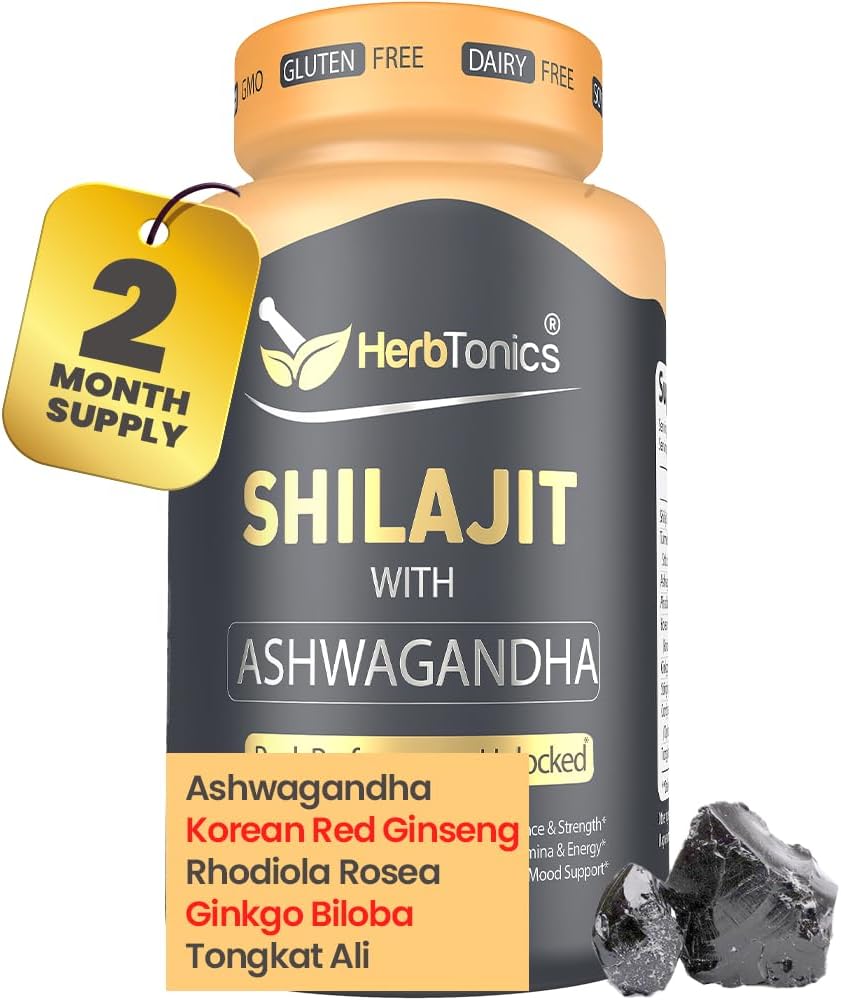 Herbtonics Shilajit for Mænd & Kvinder med Ashwagandha, Koreansk Rød Ginseng, Rhodiola Rosea, Ginkgo Biloba, Tongkat Ali against 124; Fulvic Acid & Trace Minerals for Stamina & Immunity