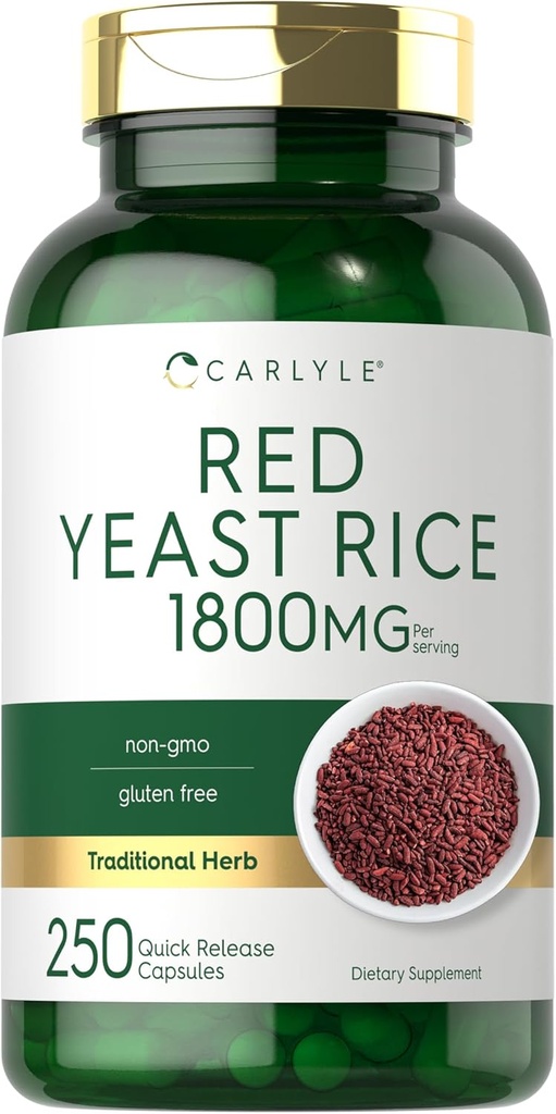 Carlyle Red Yeast Rice Supplements 124; 1800 mg • 124; 250 kapsler • 124; non- GMO & Gluten Free