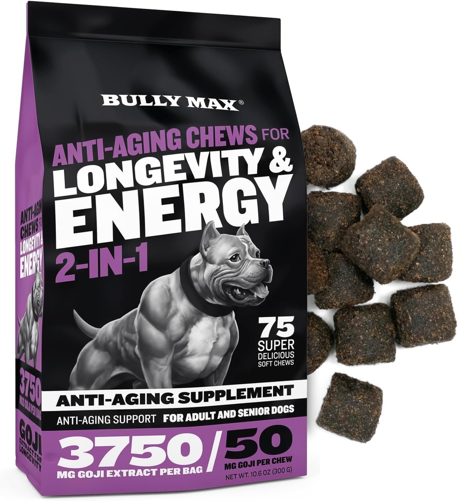 Bully Max 2- in-1 Anti- Aging Multivitamin Chews - Senior Hund Food Supplement for Vitality, Immunitet, Fælles støtte med Postbiotika - Voksne Hund Vitaminer til små og store racer - 75 Tasty Soft Chews