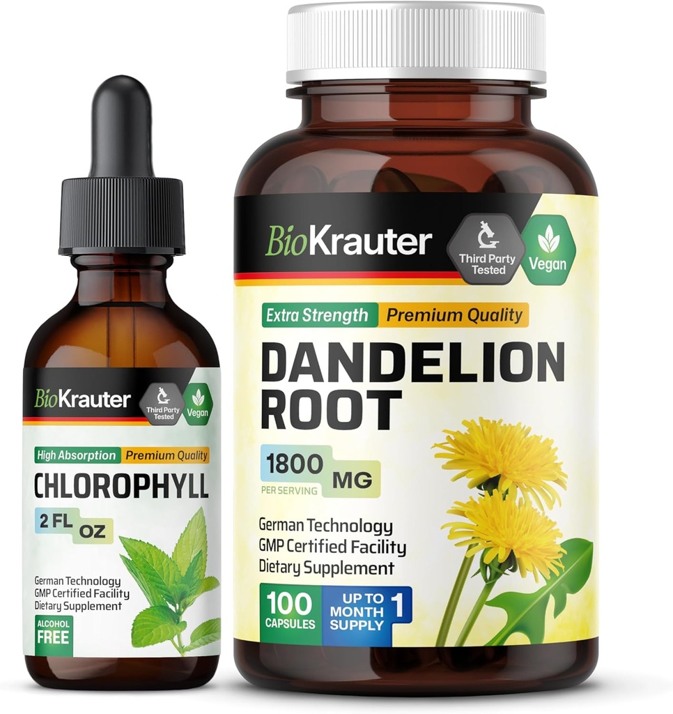 BIO KRAUTER Chlorophyll Tincture 2 Fl. Oz. & Mælkebøtte 100 Kapsler