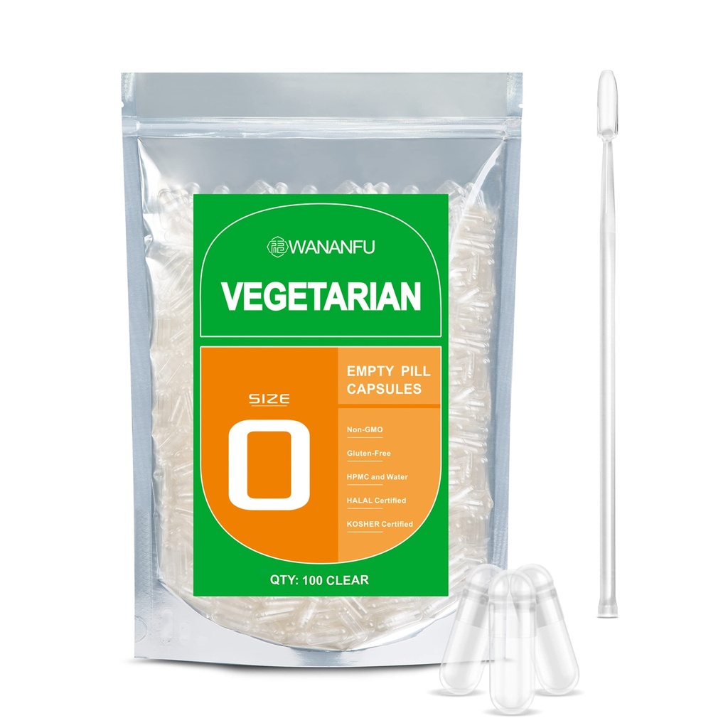 wananfu størrelse 0 Tomme kapsler Vegetarisk (100 Greve) Bundle med Micro Lab Spoon, Clear Fillable Veggie Pill kapsler størrelse 0 til at lave dine egne kosttilskud