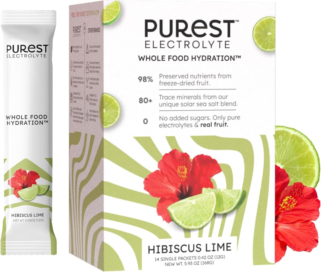Vide Brainer Purest Electrolyte Hibiscus Lime Powder Pacets - Whole Food Hydration - Organic Freeze- Tørrede Frugter og Solar Sea Salts til Ultimate Electrolyte Balance