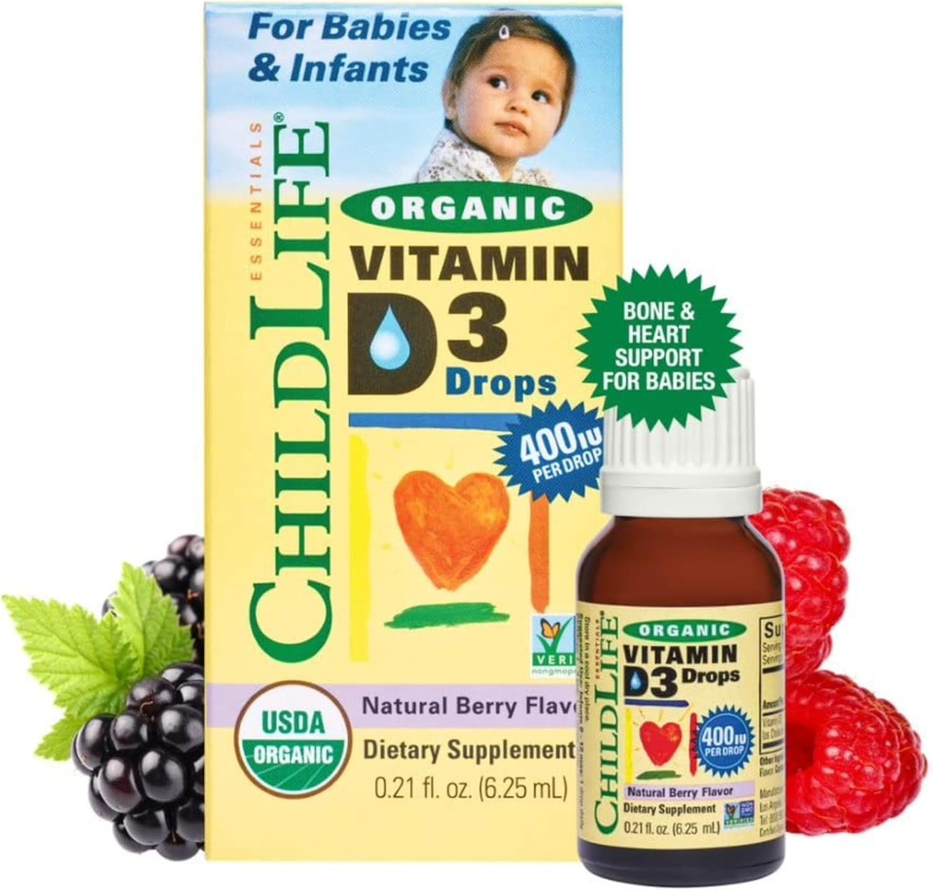BEDLife ESSENTIALS Organic Vitamin D3 Drops - Vitamin D dråber til spædbørn og småbørn, 400 IE Per drop, All- Natural, USDA Organic, Non- GMO, Kosher, Gluten- Free - Natural Berry Flavor, 0.21 Fl Oz