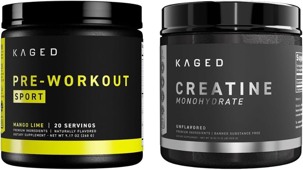 Kaged Pre Sport Pre Workout Powder Mango Lime Creatine Monohydrat Mikroniseret Powder Bundle, Energy & Muscle Recovery Supplement Pack, 20 Servering Pre-Workout + 100 Servering Creatin