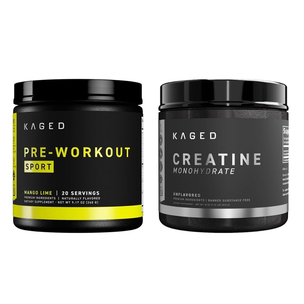 Kaged Pre Sport Pre Workout Powder Mango Lime Creatine Monohydrat Mikroniseret Powder Bundle, Energy & Muscle Recovery Supplement Pack, 20 Servering Pre-Workout + 100 Servering Creatin