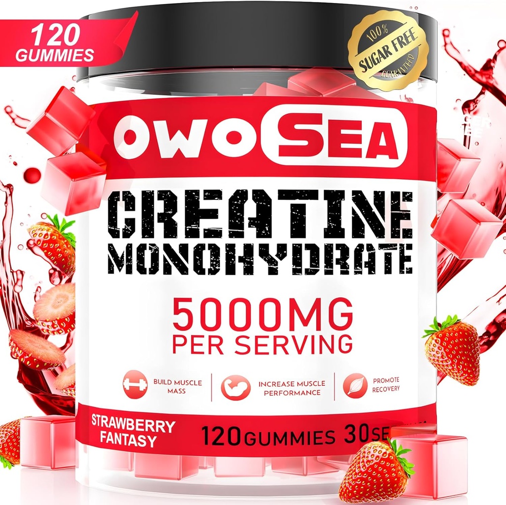 Creatinmonohydrat Gummier for mænd og kvinder 5000mg Creatinmonohydrat per servering for muskelstøtte energi Boost 120 Grev tyggetablet 5g Creatin supplement sukker fri Vegan (1 pakke, jordbær)