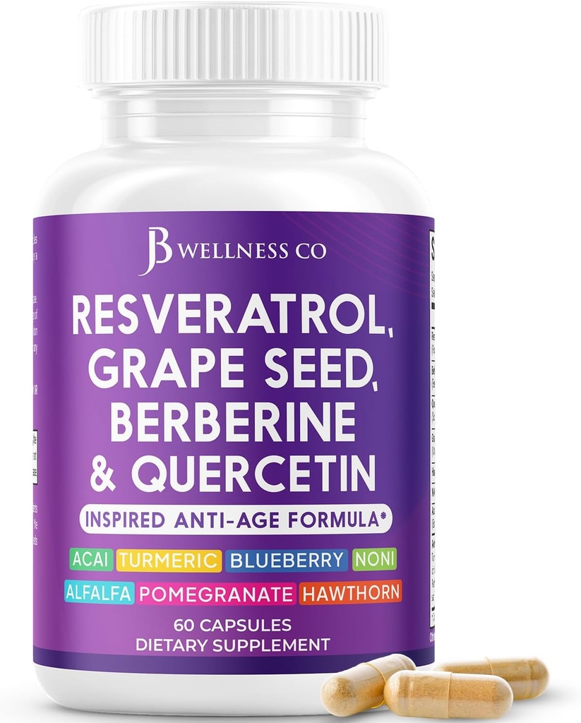 JB Wellness Resveratrol Grape Seed Extract, Berberine, Quercetin - Polyphenol Supplement for kvinder og mænd med Noni Extract, N-Acetyl Cysteine, Acai Extract - 60 kapsler