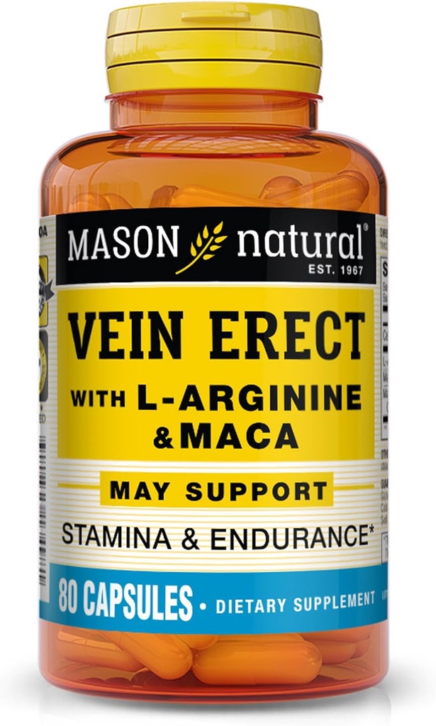 MASON NATURAL Vein Erect med L- arginin og Maca - understøtter seksuel og vaskulær sundhed, supplement til Varicose Veins og Spider Veins, 80 kapsler