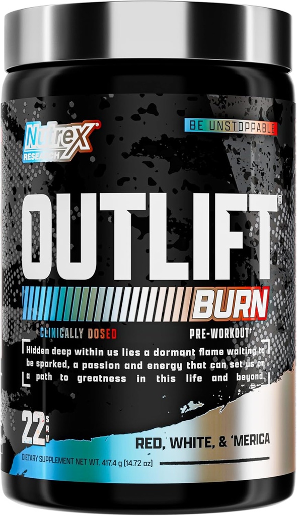 Nutrex Outlift Burn Pre- workout supplement for energi, Fokus & Endurance Buddy 124; Metabolyte, L- Citrullin, Beta- Alanine & Koffein Buddy 124; Termogene formel for ydeevne (22 Serveringer, Red White Merica)