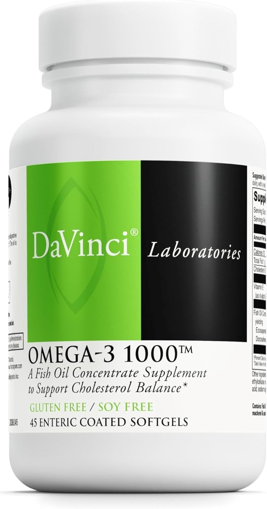 DAVINCI Labs Omega-3 1000 - Kosttilskud til at vedligeholde allerede normale Kolesterolniveauer og support immunsystem, sundt hår og hud * - Glutenfri - 45 Enteric Coated Softgels