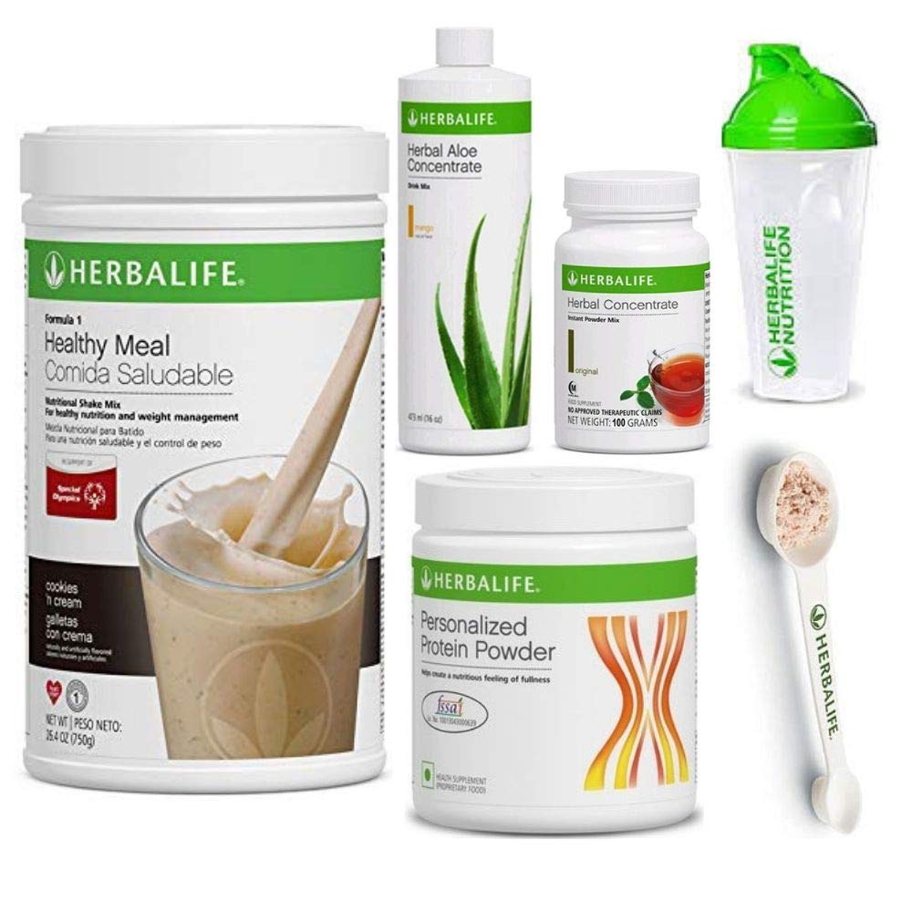 Herbalife Shake Healthy Meal Kit | Cookies and Cream Formula 1 + Herbal Aloe (Mango) + Herbal Tea Concentrate + Protein Powder + Shaker Cup & Spoon