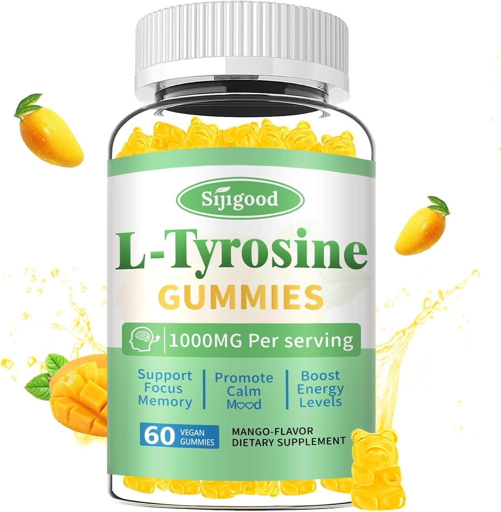 L- Tyrosine Gummies for voksne og børn - 1000mg L- Tyrosine Supplement Focus Gummies for Brain, Mood, Energy Support, Vegan & Gluten- Free, Mango Flavor, 60 Greve