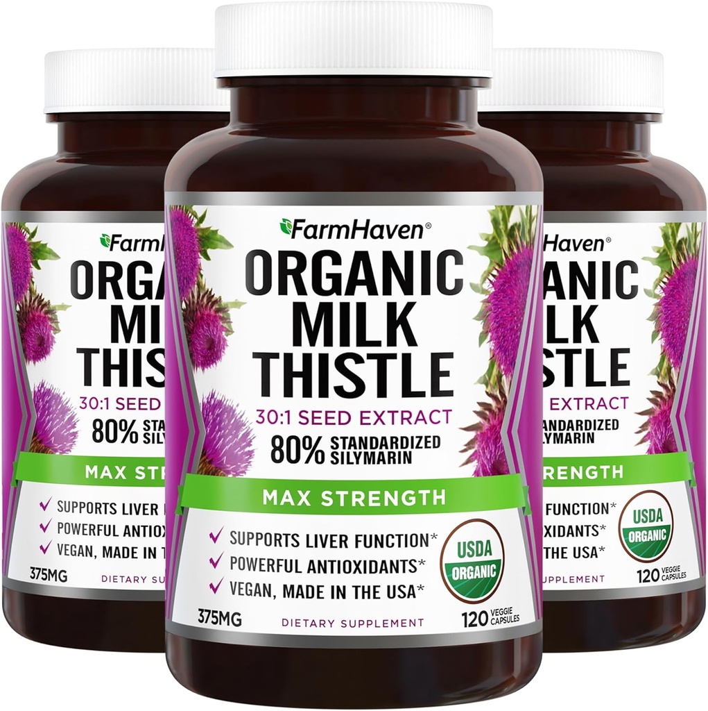 FarmHaven USDA Organic Milk Thistle Capsules Measures 124; 30X koncentreret frø ekstrakt & 80% Silymarin Standardized - Understøtter leverfunktion og total sundhed Measures 124; Non- GMO Measures 124; 360 Vegan Capsules
