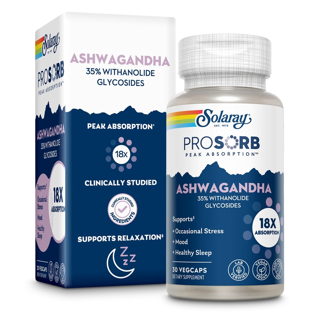 SOLARAY Ashwagandha Capsules 18X Absorption - Ashwagandha Root and Leaf Extract 240 mg - Lejlighedsvis Stress Relief og Mood Support - Vegan, 60- Day Garanti - 30 Servere, 30 VegCaps