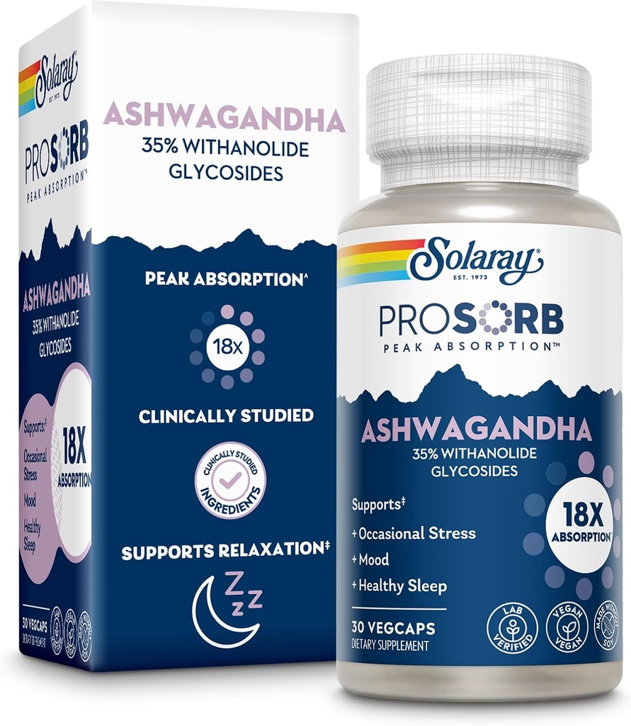 SOLARAY Ashwagandha Capsules 18X Absorption - Ashwagandha Root and Leaf Extract 240 mg - Lejlighedsvis Stress Relief og Mood Support - Vegan, 60- Day Garanti - 30 Servere, 30 VegCaps