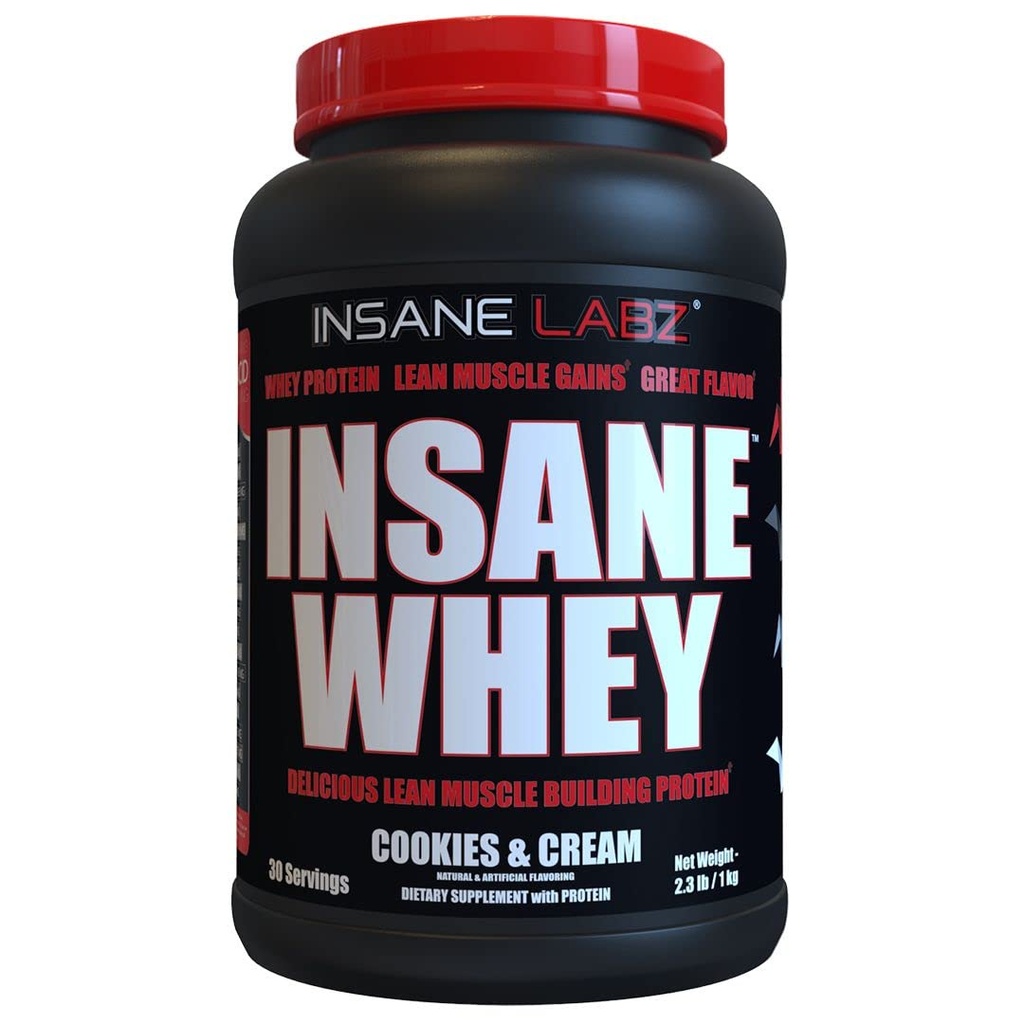 Insane Labz Insane Whey, 100% Muscle Building Whey Protein, BCAA Amino Profile, Mass Gainer, Meal Erstatning (Cookies & Cream, 30 Servere)