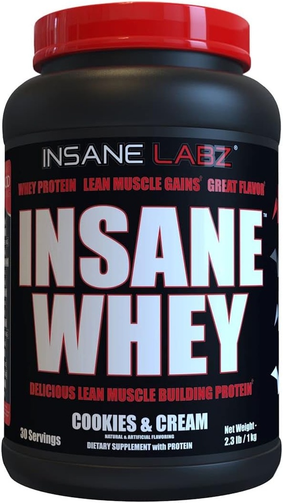 Insane Labz Insane Whey, 100% Muscle Building Whey Protein, BCAA Amino Profile, Mass Gainer, Meal Erstatning (Cookies & Cream, 30 Servere)