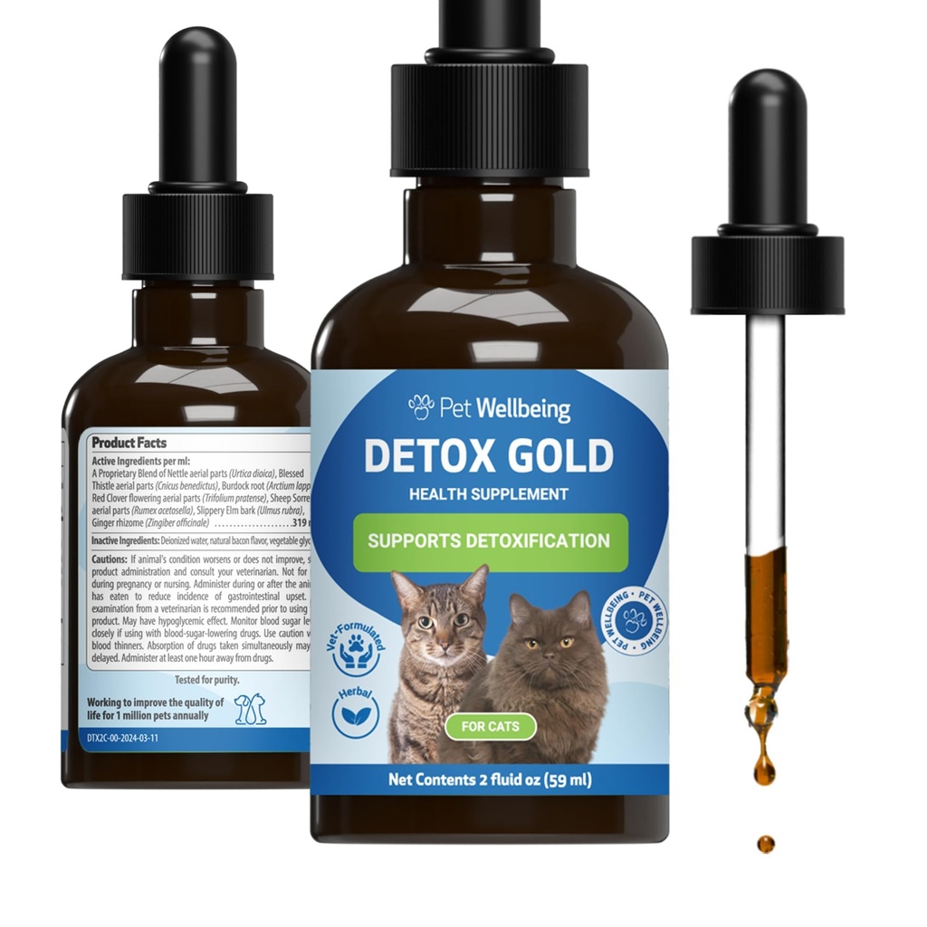 Pet Wellbeing Detox Gold for Cats - Gentle afgiftning & Elimination Support, Immunsystemet Care, Nettle, Velsignet Thistle, Burdock Root - Veterinarian- Formuleret Herbal Supplement 2 oz (59 ml)