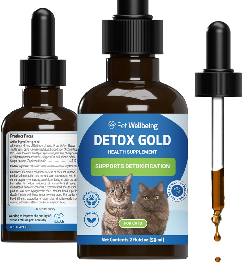 Pet Wellbeing Detox Gold for Cats - Gentle afgiftning & Elimination Support, Immunsystemet Care, Nettle, Velsignet Thistle, Burdock Root - Veterinarian- Formuleret Herbal Supplement 2 oz (59 ml)