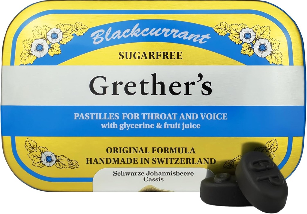 GRETHER 'S Sugarfree Blackcurrant Pastiller - Natural Dry Mouth Relief - Lindrende hals og sund stemme - gave til sangere - 3,75 oz. 1 pakke