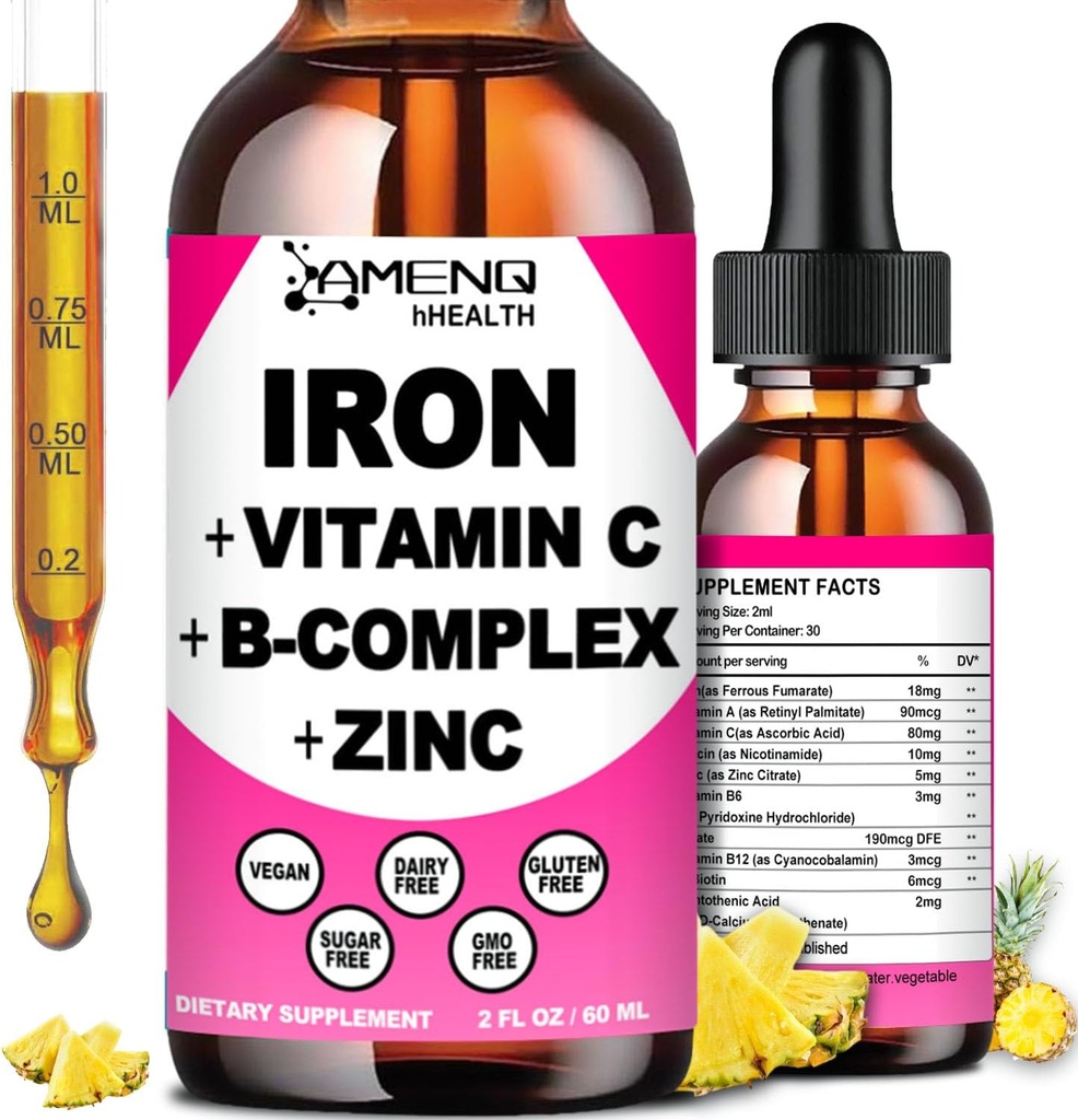 Jerntilskud til kvinder Mænd og børn, Iron Vitamin C, A, B- kompleks, Vegan Iron Drops høj potens flydende Vitamin & Iron Kosttilskud til anæmi, Red Blood Cell, Energy, Blood Builder, Gentle