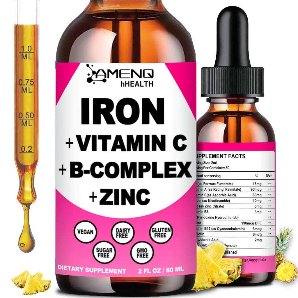 Jerntilskud til kvinder Mænd og børn, Iron Vitamin C, A, B- kompleks, Vegan Iron Drops høj potens flydende Vitamin & Iron Kosttilskud til anæmi, Red Blood Cell, Energy, Blood Builder, Gentle
