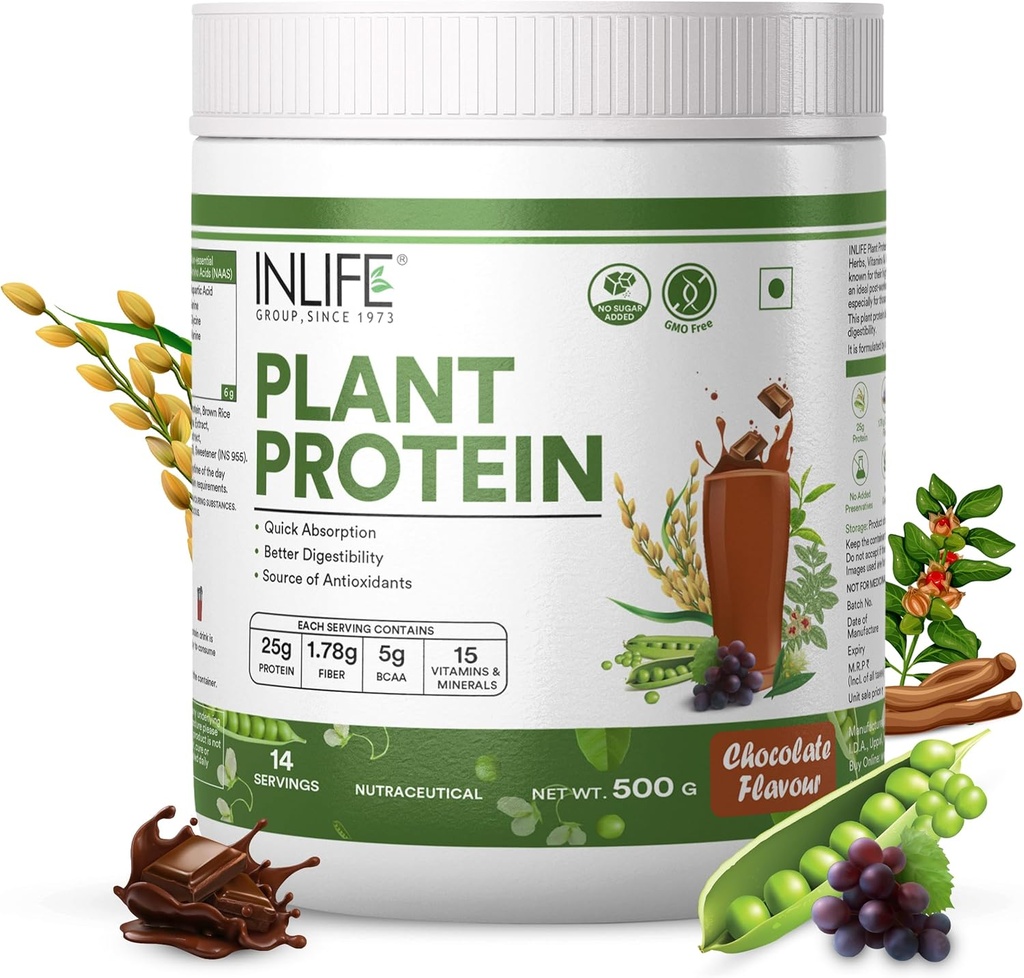 INLife Plant Protein Powder - Pea, Quinoa & Brown Rice - 25g Protein - Ashwagandha, Green Tea & Grape Seed Extract - Supplement (500 g, chokolade)