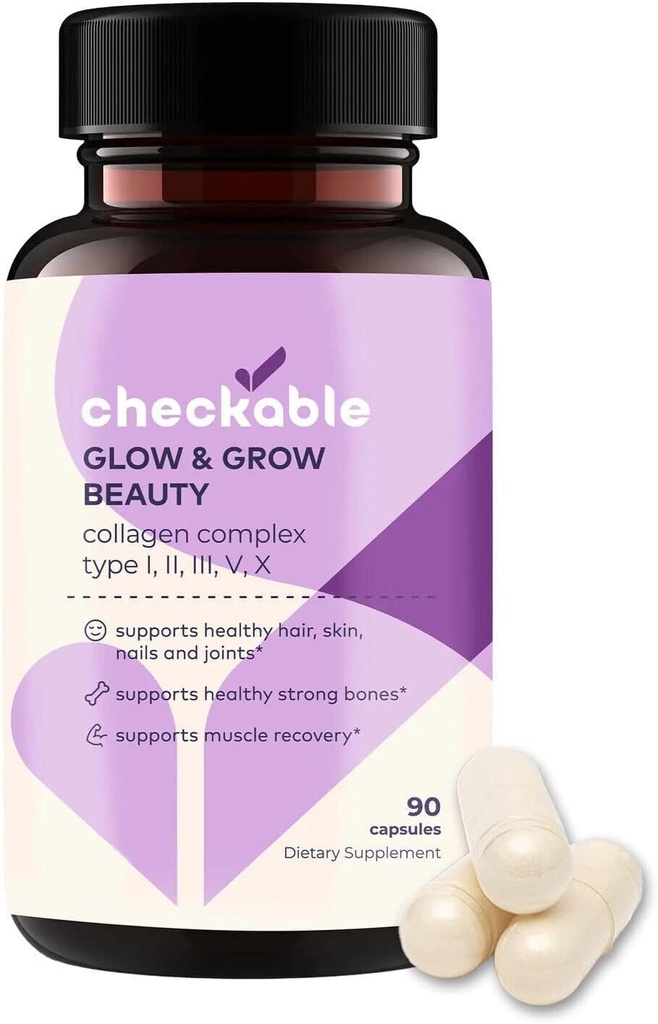 Checkable ® Collagen Complex Kosttilskud - hår, hud, negle, joints, knogler, og muskelstøtte - med Natural Collagen type I, II, III, V og X (1500 mg) - 90 Kapsler
