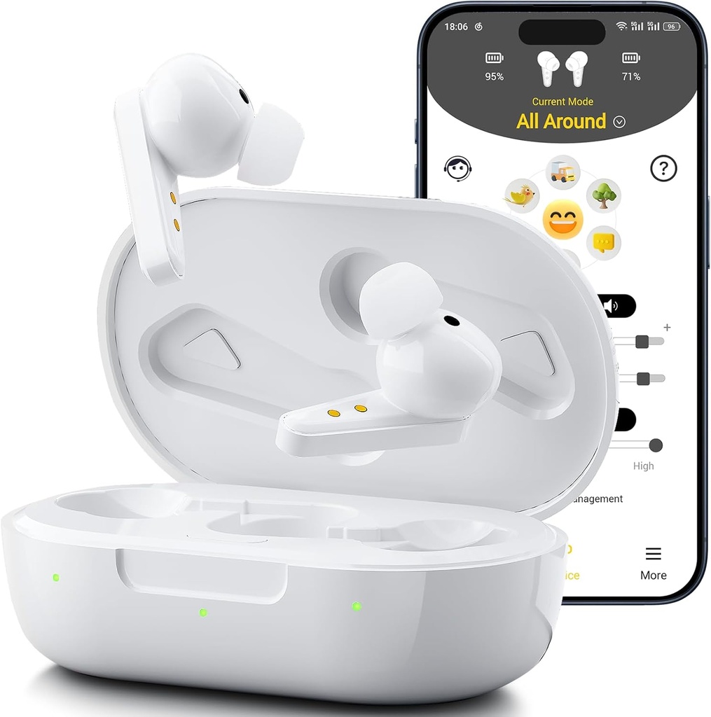 Kingwell OTC hørelse hjælpemidler Genopladelig, Bluetooth hørelse hjælpemidler for seniorer med Smart App Aktiveret Opkald på iOS / Android, Autentisk lyd kvalitet, 32 DSP kanal støjaflysning