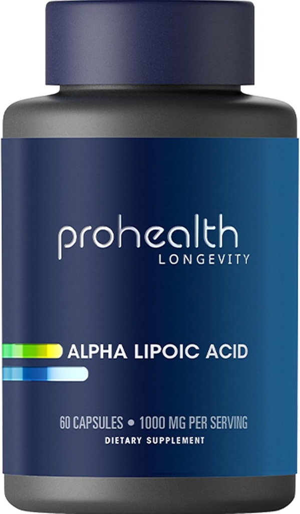ProHealth Alpha lipoid høj potens 1000mg fremmer Metabolisme, yngre udseende hud, og cellulær energi. Kæmper Træthed og hjerne tåge. Beskytter hjerte, hjerne, og lever sundhed. 30 Tjenester.
