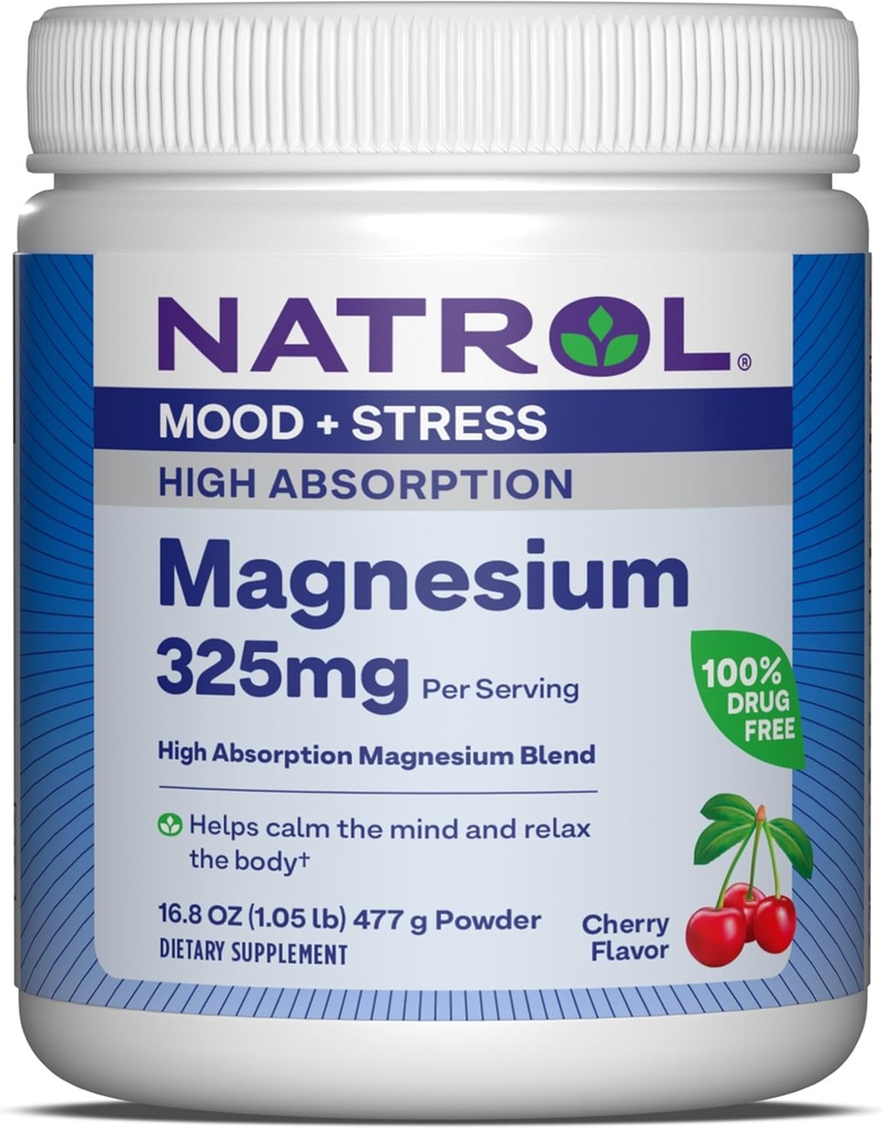 Natrol Magnesium 325 mg, Høj Absorption Magnesiumglycinat og Carbonat Blend til at hjælpe med at berolige sindet og slappe af Kroppen, 16.8 OZ af Cherry- Smaget pulver, Op til en 90 dages forsyning