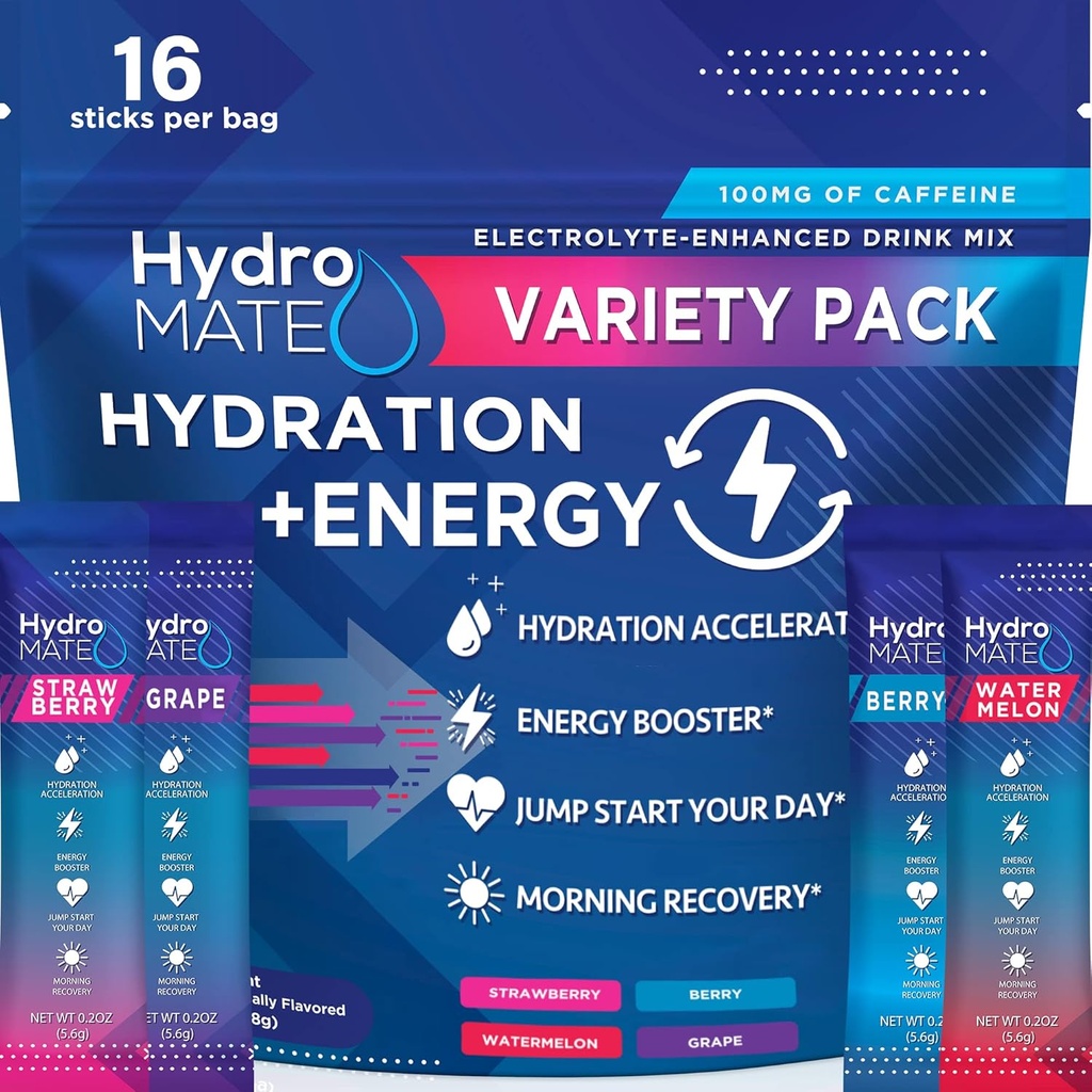 HydroMATE Electrolytes Powder Drink Mix Pakninger Hydration Accelerator Lavt Sukker Party Favors for Rapid Recovery C-vitamin Plus koffein Variety Pack 16 sticks
