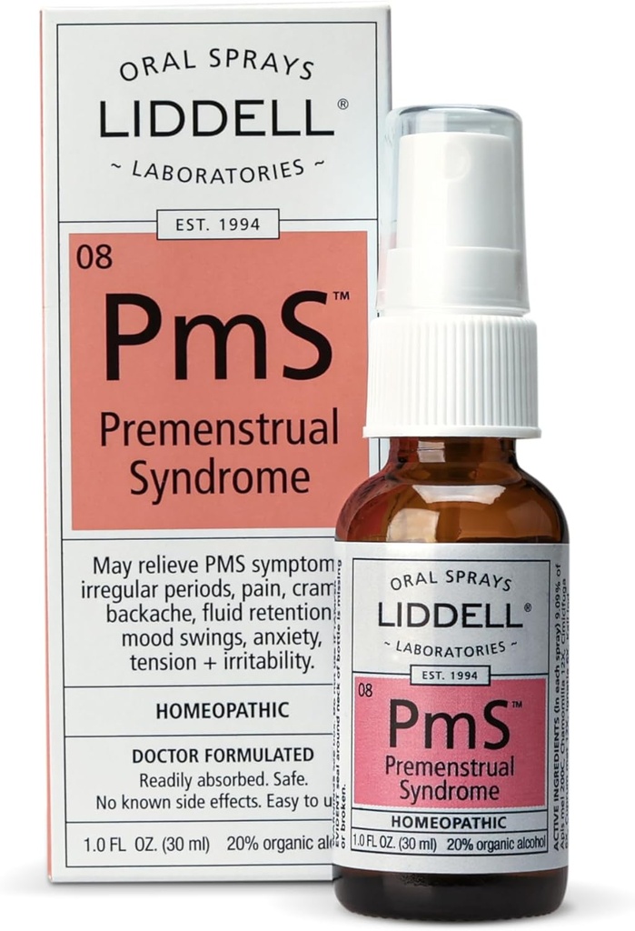 Liddell PMS - Natural Homøopatisk Oral Spray - Kan hjælpe med spørgsmål i forbindelse med Periode muskelbesvær, Mood Swings, og Tilbage Discomfort - 1.0 fl. Oz