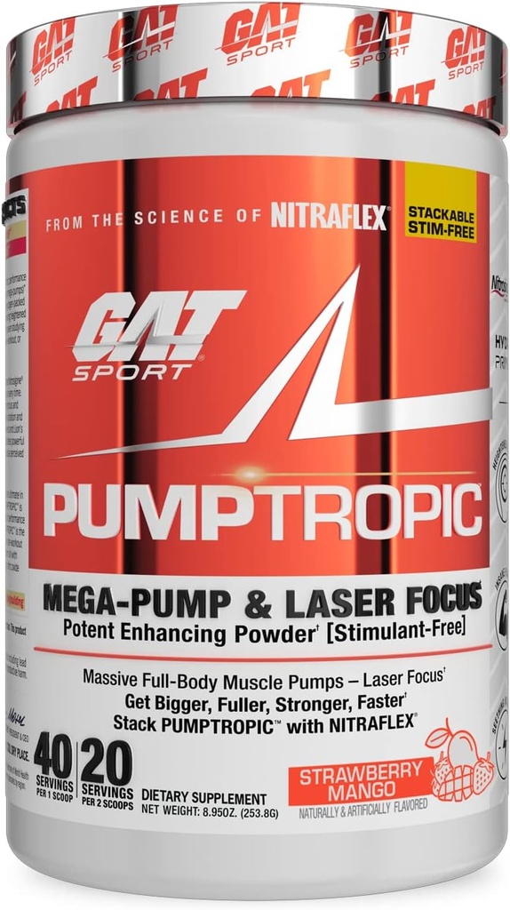 GST Sport Pumptropic Mega- Pump & Laser Focus Potent Enhancing Powder (Stimulant- Free), 40 Servering (Strawberry Mango)