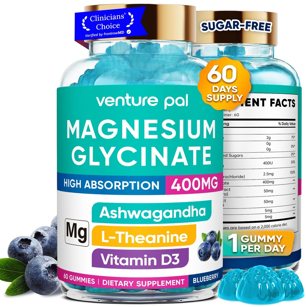 60 Day Supply Magnesium Glycinate 400mg Gummies med Ashwagandha, L- Theanine, CoQ10, Vitamin D3 & B6, Sukker fri Magnesium Gummies for voksne & børn, Stress Relief, Sleep & Calm, Vegan, Gluten Free