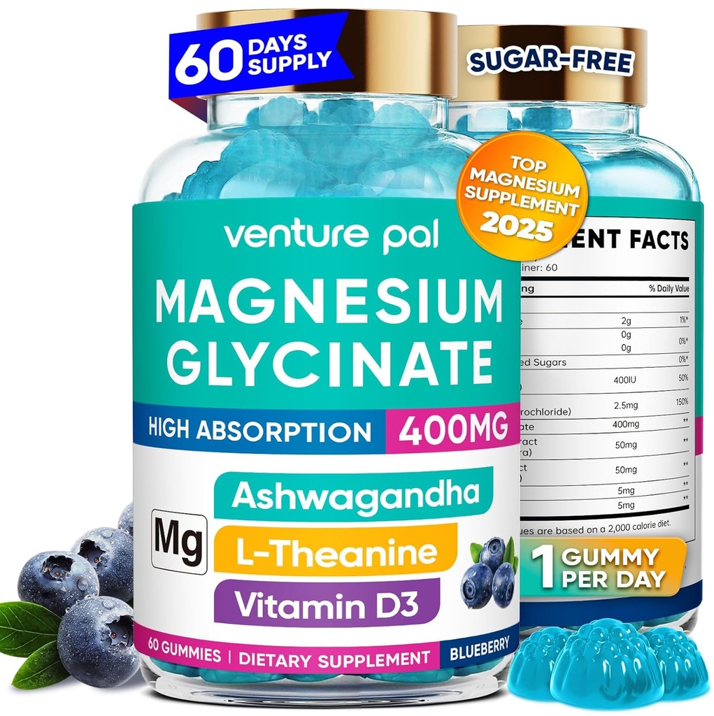 60 Day Supply Magnesium Glycinate 400mg Gummies med Ashwagandha, L- Theanine, CoQ10, Vitamin D3 & B6, Sukker fri Magnesium Gummies for voksne & børn, Stress Relief, Sleep & Calm, Vegan, Gluten Free