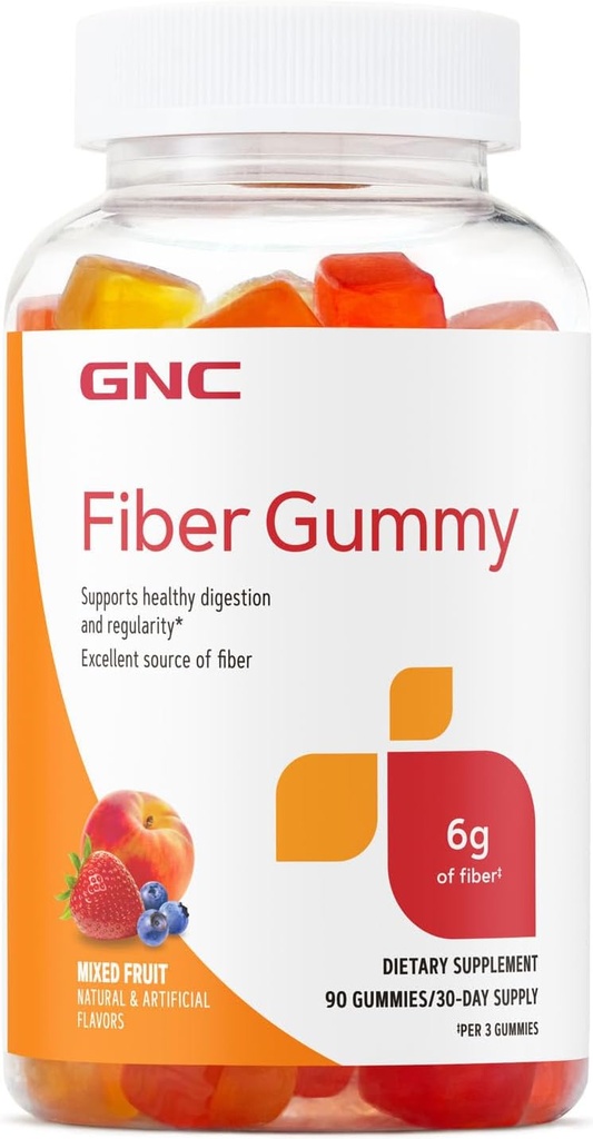 GNC Fiber 6g Gummy, understøtter sund fordøjelse og regelmæssighed, blandet frugt, 90 Greve