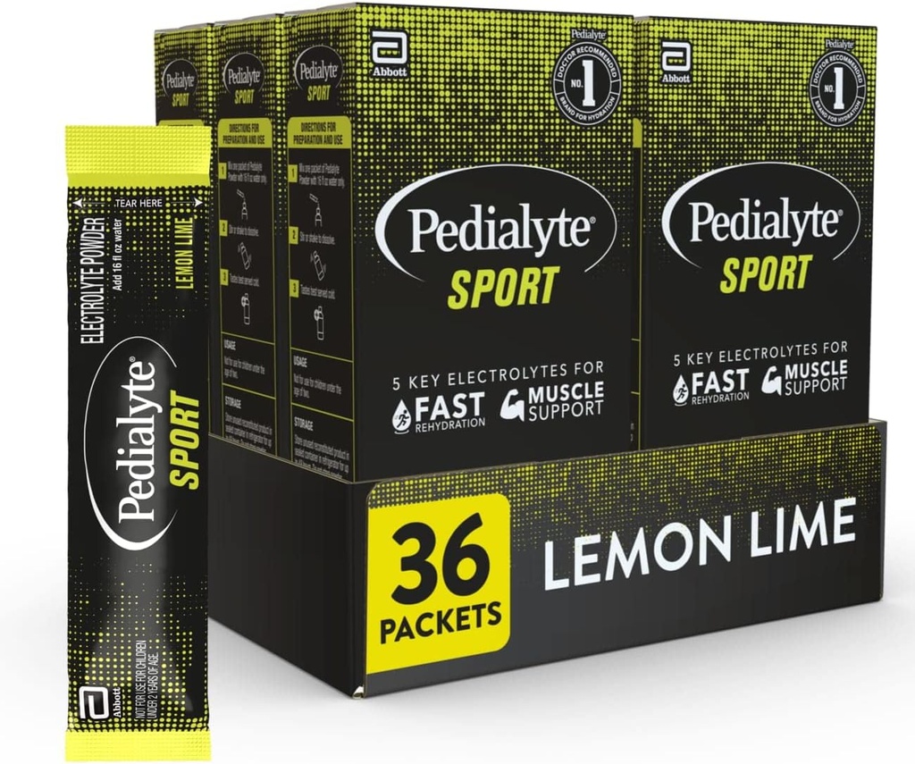 Pedialyte Sport Electrolyte Powder, Hurtig hydrering med 5 Key Electrolytes for Muscle Support Før, under og efter træning, Lemon Lime, 0.49- oz Pakninger (36 Greve)